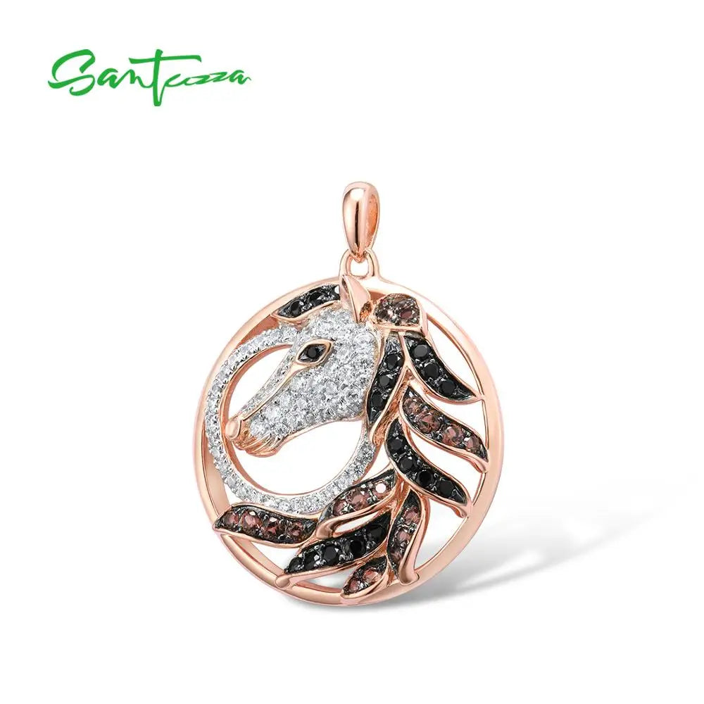 925 Sterling Silver Rose Brown Horse Pendant Fine Jewelry