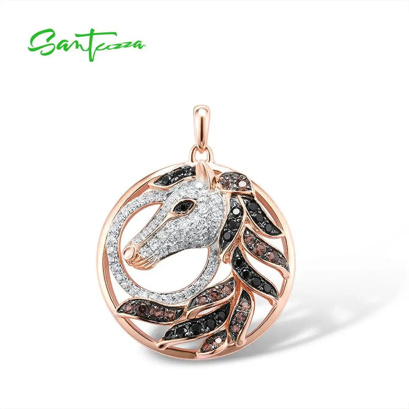 925 Sterling Silver Rose Brown Horse Pendant Fine Jewelry