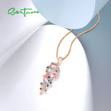925 Silver Pink Leaves Colorful Stones Pendant