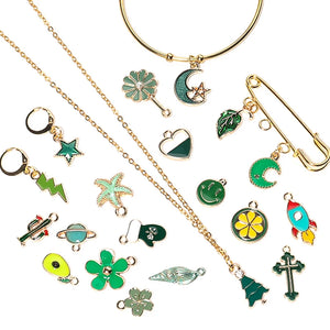 30pcs Enamel Green Charms Pendants Mix Flower Heart Plant DIY Jewelry Making