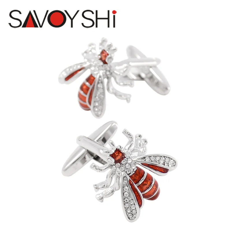 3D Bees Cufflinks Red Enamel Crystal Animal Cufflink Jewelry