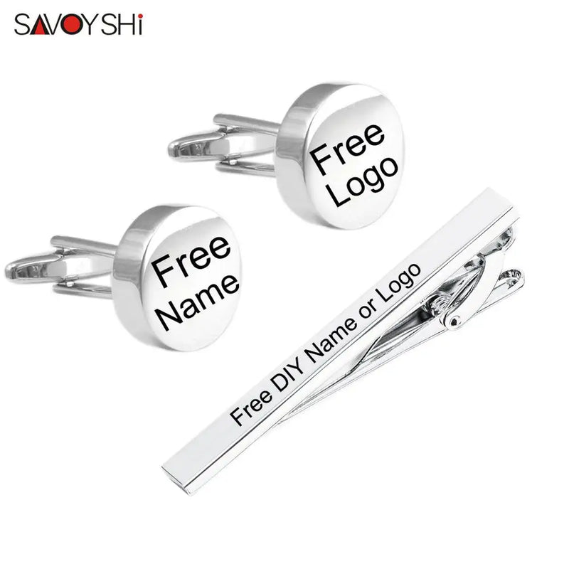 Engraved Silver Cufflinks and Tie Clip Set for Men
