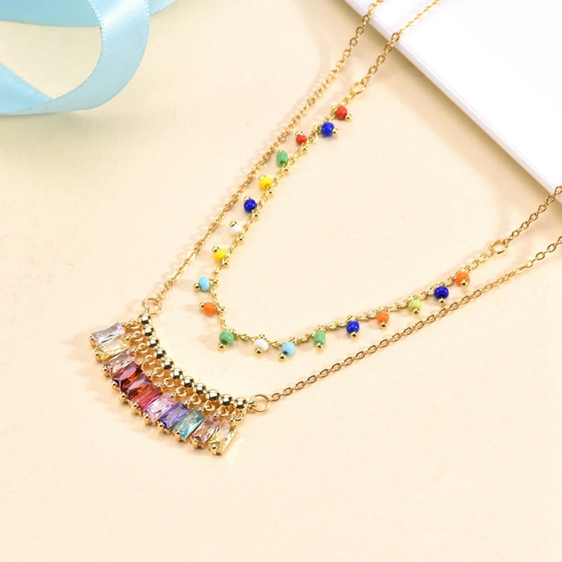 Multicolor Crystal Necklace Gem Stone Pendant Charm Necklace Girl Female