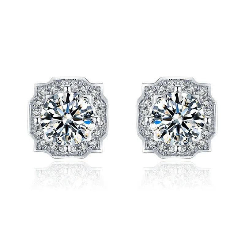 Vintage Silver Crystal Round Stud Earrings Zircon Stone Earrings