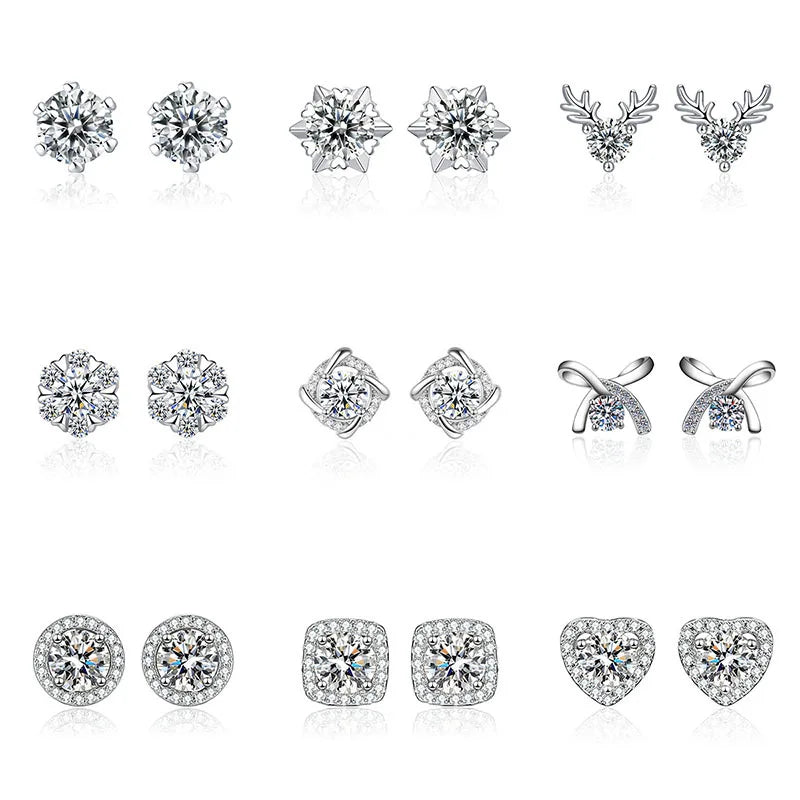 Vintage Silver Crystal Round Stud Earrings Zircon Stone Earrings
