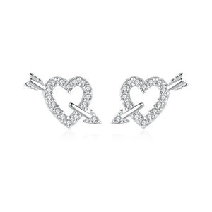 SE23 Silver Needle Heart Crystal Hoop Earrings Women