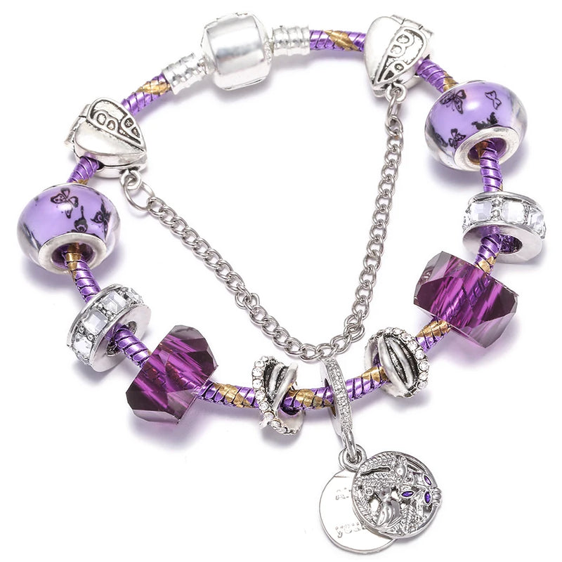 Purple Crystal Bracelet For Women Heart Shaped Safety Chain Galaxy Beads