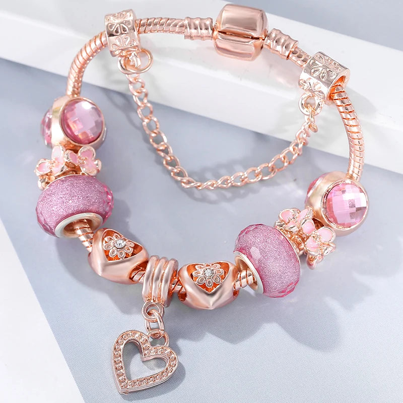 Rose Bracelet & Bangles For Women Love Daisy Pink Beads Charm