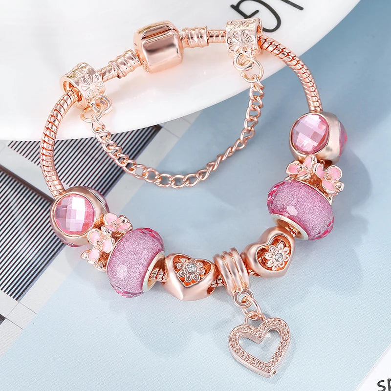 Rose Bracelet & Bangles For Women Love Daisy Pink Beads Charm