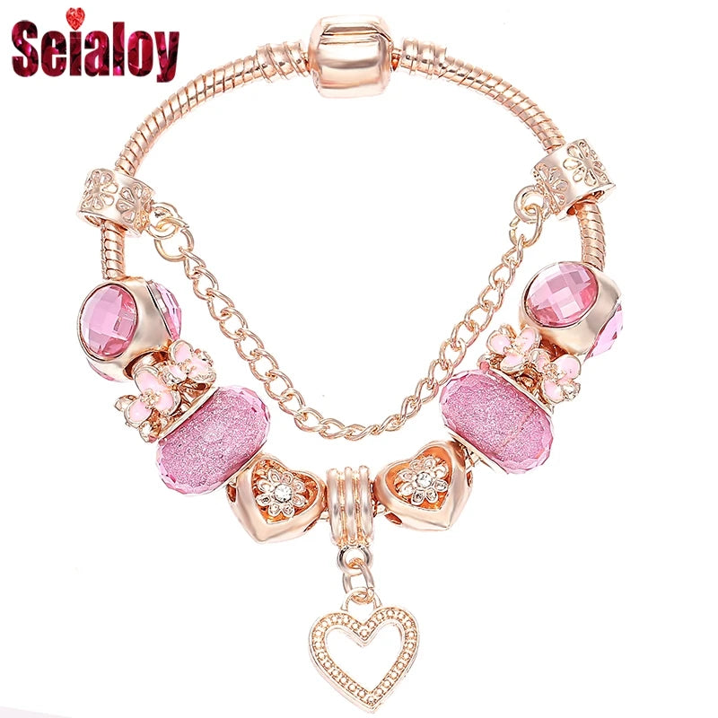 Rose Bracelet & Bangles For Women Love Daisy Pink Beads Charm