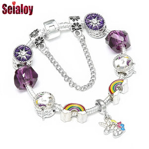 Unicorn Charm Bracelets Purple Rhinestone Couple Bangle Gift