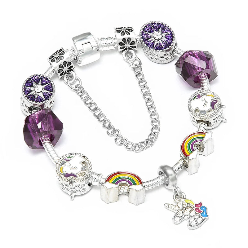 Unicorn Charm Bracelets Purple Rhinestone Couple Bangle Gift