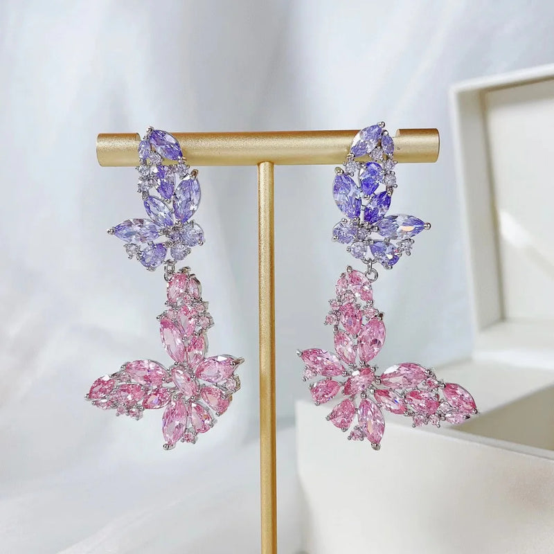 SENYU Butterfly Dangle Earring Pink Crystal CZ Paved Wedding Bride Jewelry
