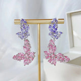 SENYU Butterfly Dangle Earring Pink Crystal CZ Paved Wedding Bride Jewelry
