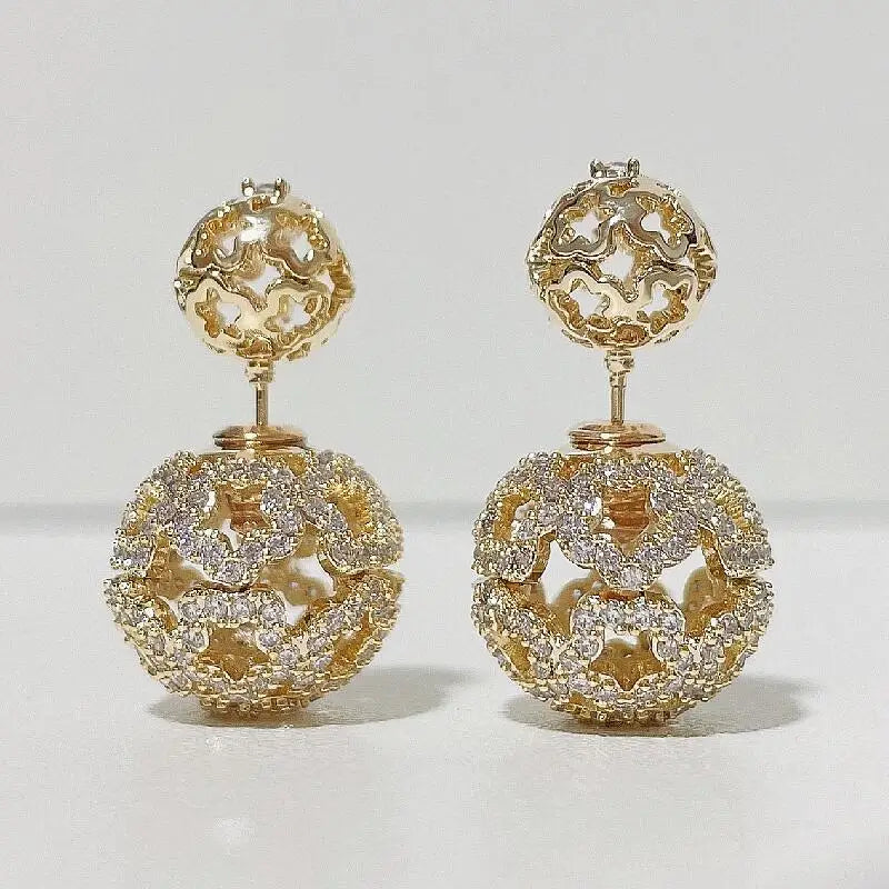 SENYU 16mm Hollow Ball Earring with CZ Reversible Double Ball Stud Earring