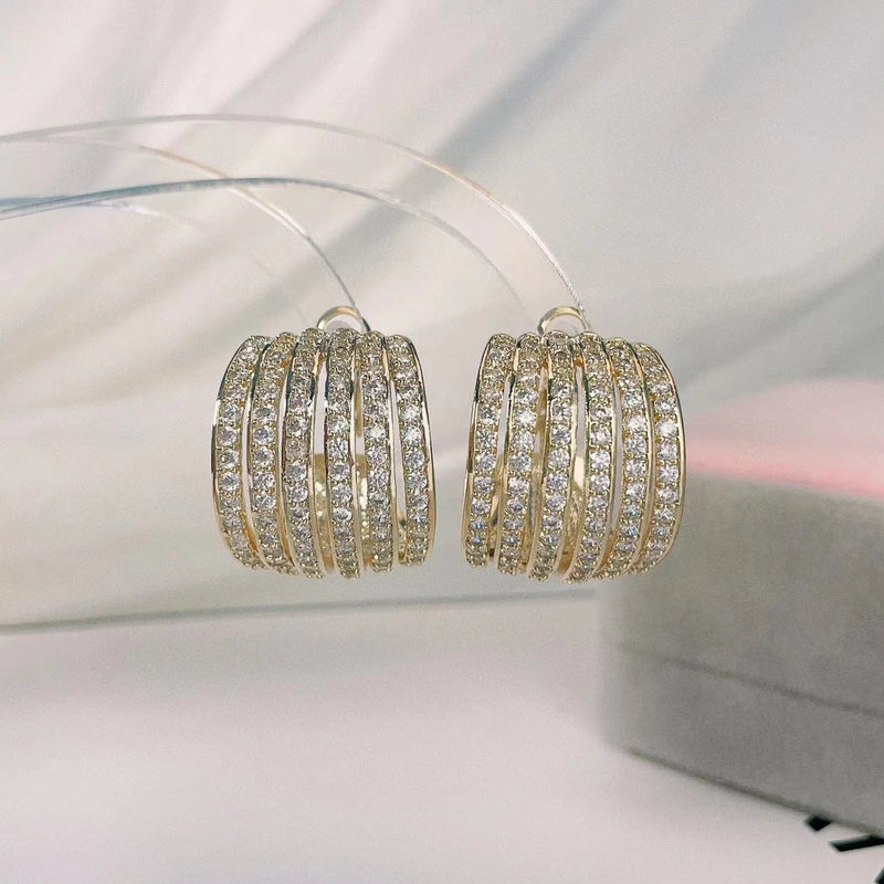 SENYU CZ Hoop Earrings Hollow Stripe C Shape Big Belly Circle Earrings