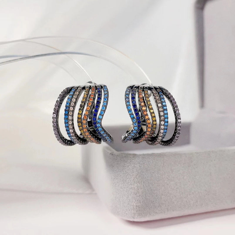 SENYU Ripple Small Hoop Earrings with Full CZ Pave Stripe Circle