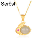 Nephrite Jade Silver 925 Rabbit Golden Plated Pendant Ethnic Style