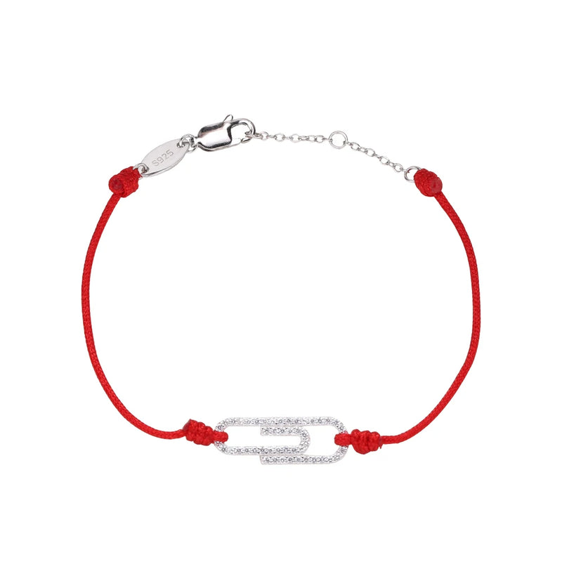Paperclip Charm Bracelet Red Rope 925 Sterling Silver Women's Jewelry
