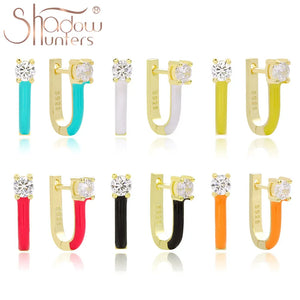 925 Silver Colorful Pave Enamel Huggie Hoop Earrings