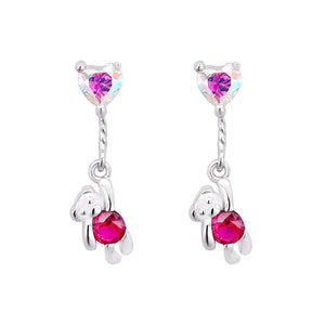 925 Silver Pink Bear Hanging Heart Balloon Drop Earrings for Girl