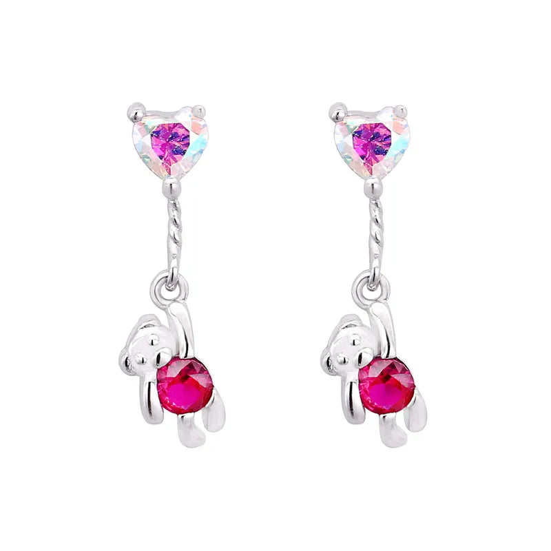 925 Silver Pink Bear Hanging Heart Balloon Drop Earrings for Girl