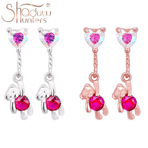 925 Silver Pink Bear Hanging Heart Balloon Drop Earrings for Girl