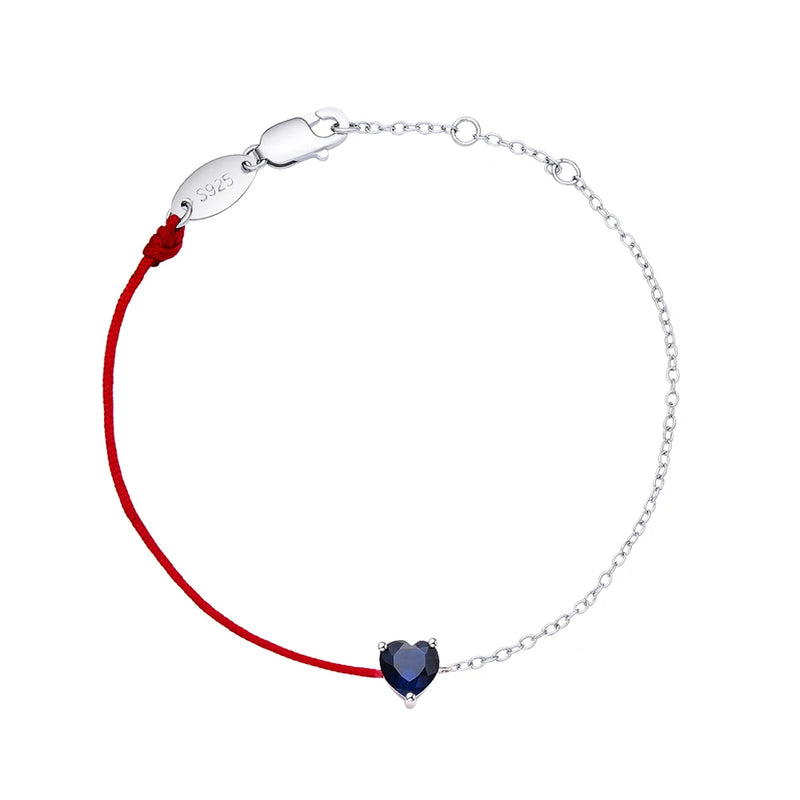 925 Silver Half Chain Bracelet Red String Dark Crystal Heart