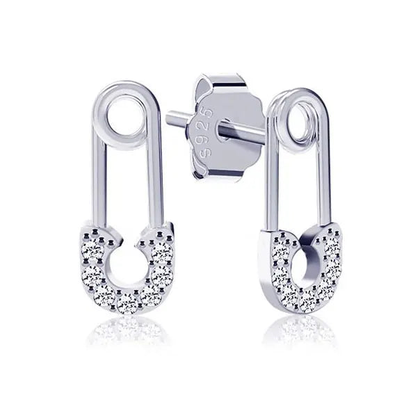 925 Silver Safety Pin Stud Earrings Clear CZ Women Femme Jewelry