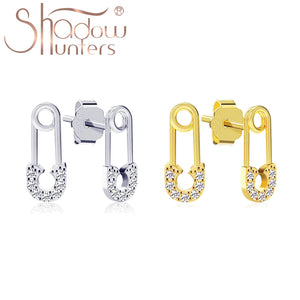 925 Silver Safety Pin Stud Earrings Clear CZ Women Femme Jewelry