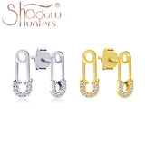 925 Silver Safety Pin Stud Earrings Clear CZ Women Femme Jewelry
