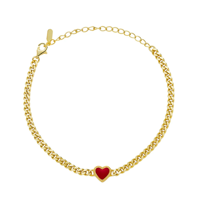 925 Silver Bracelet Red Enamel Heart Charm Adjustable Chain