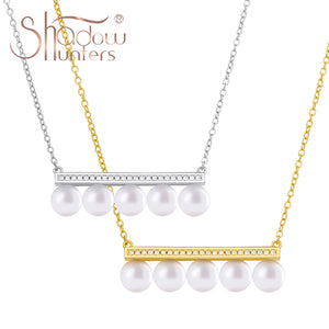 925 Silver Pearl Balance Pole Necklace with Zircon O Chain