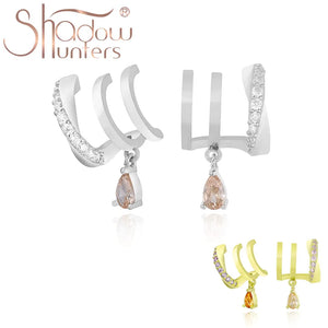 925 Silver Three-Row Earrings with Hanging Orange Zircon Engagement Studs
