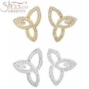 925 Silver Three Leaves Wedding Stud Earrings Pave Crystal Engagement Earrings