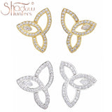 925 Silver Three Leaves Wedding Stud Earrings Pave Crystal Engagement Earrings