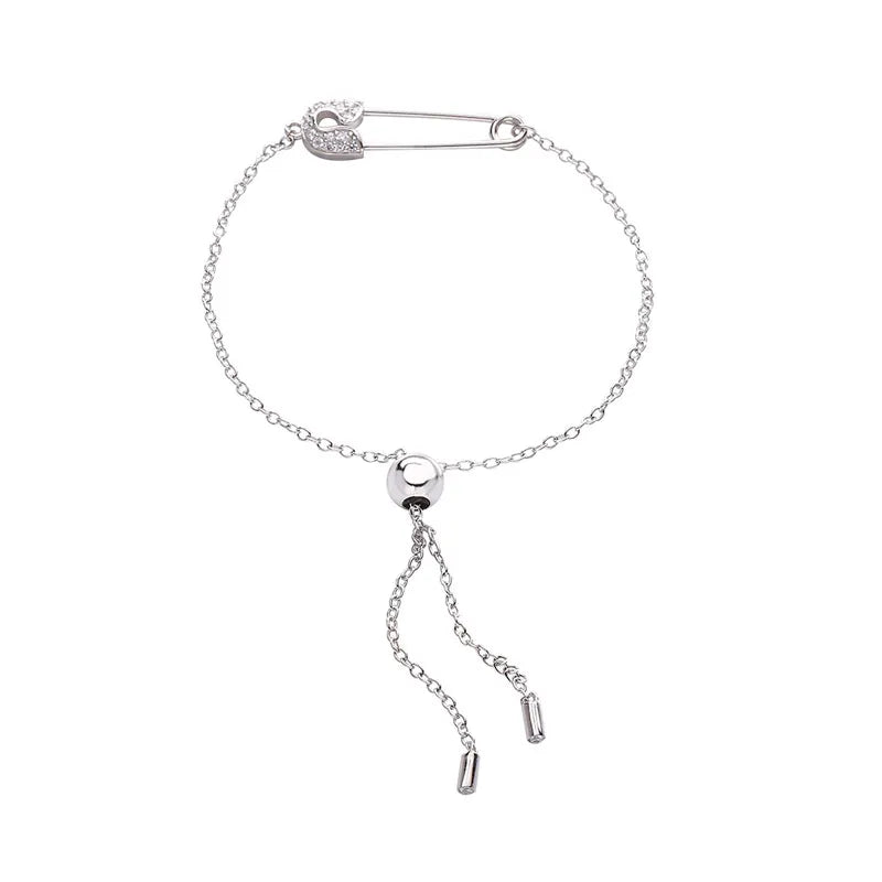 925 Silver Paper Clip Bracelet with Zircon CZ - Adjustable for Women