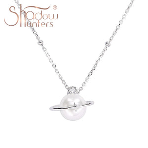 925 Silver Pearl Pendant Necklace Planet Crystal Jewelry Woman Gift