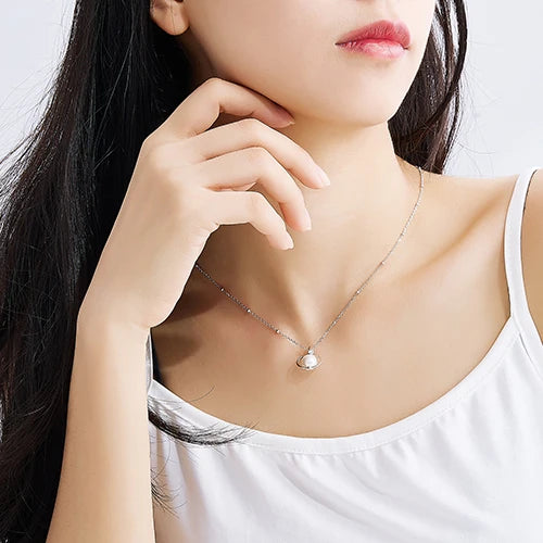925 Silver Pearl Pendant Necklace Planet Crystal Jewelry Woman Gift