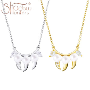 Sterling Silver Fangs Pendant Necklace With Pearl & Zircon Danger Choker