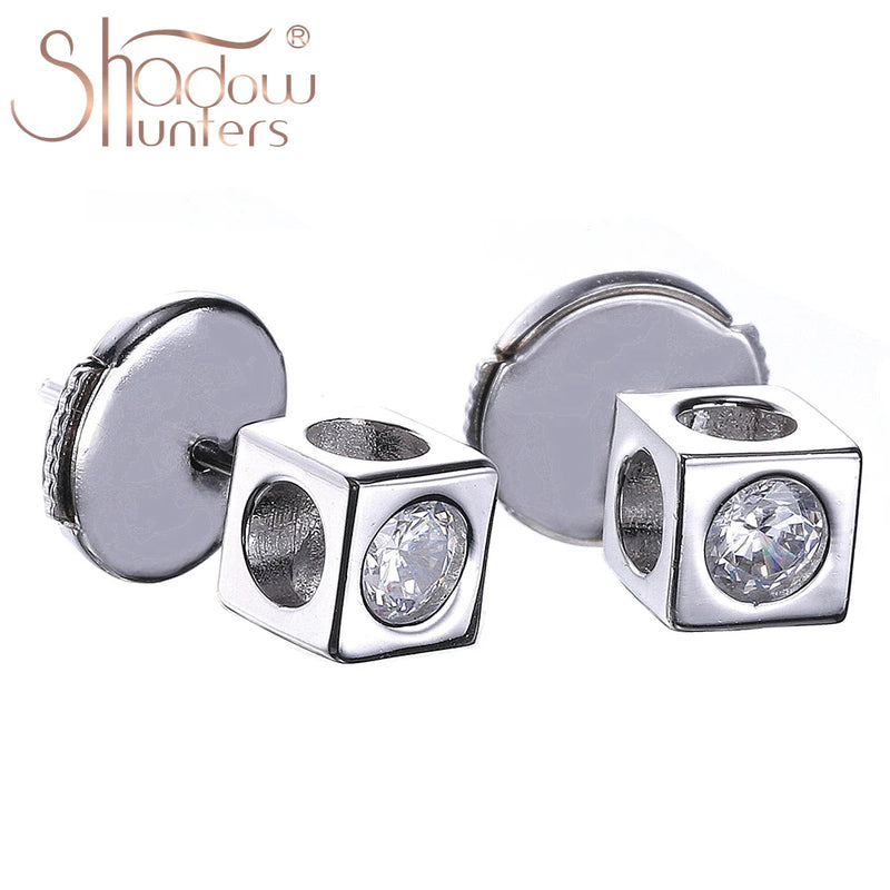 925 Silver Square Stud Earrings CZ Women's Jewelry Cube Shape