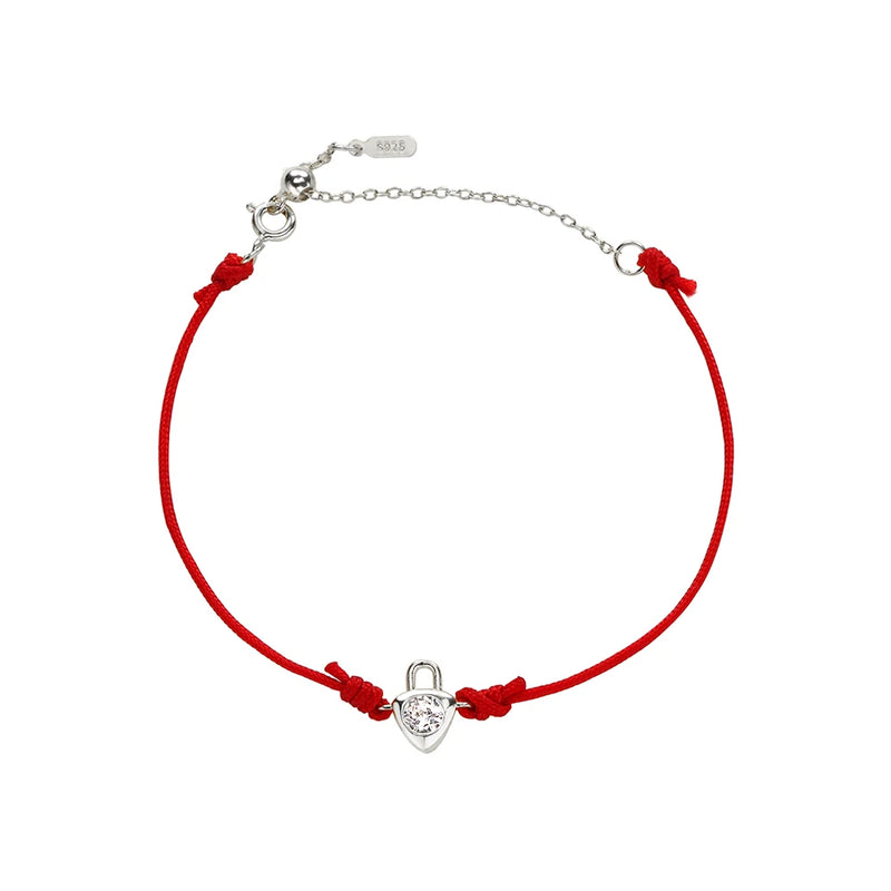 925 Sterling Silver Crystal Lock Bracelet Red Rope Adjustable Length