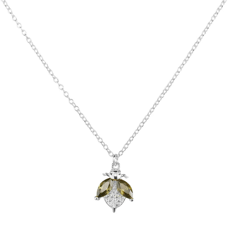 925 Silver Bee Pendant Necklace Clear Green Wings Women Gift