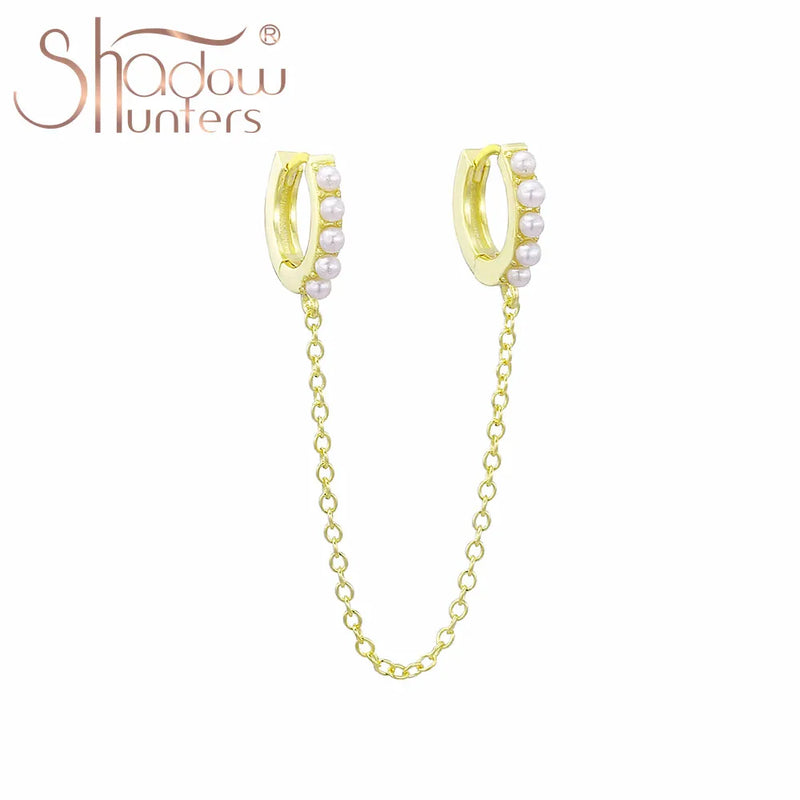 925 Silver Pearl Double Hoops Chain Earrings Woman Jewelry