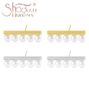 925 Silver Pearl Stud Earrings With Zircon Bar for Dating