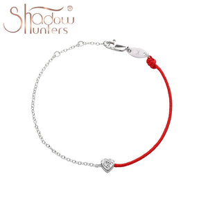 925 Sterling Silver String Bracelet With Heart Charm CZ Bracelets