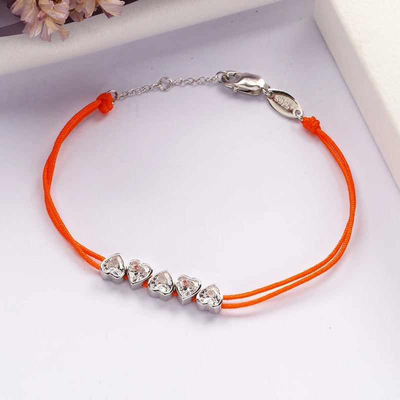 925 Silver Orange Twin Lines Bracelet with Heart Charms
