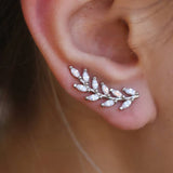 925 Silver Leaves Stud Earrings Wedding Jewelry Piercing CZ Crystal