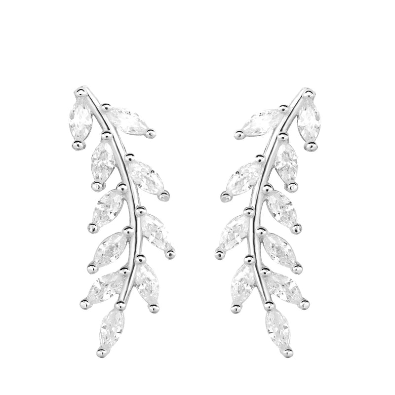 925 Silver Leaves Stud Earrings Wedding Jewelry Piercing CZ Crystal