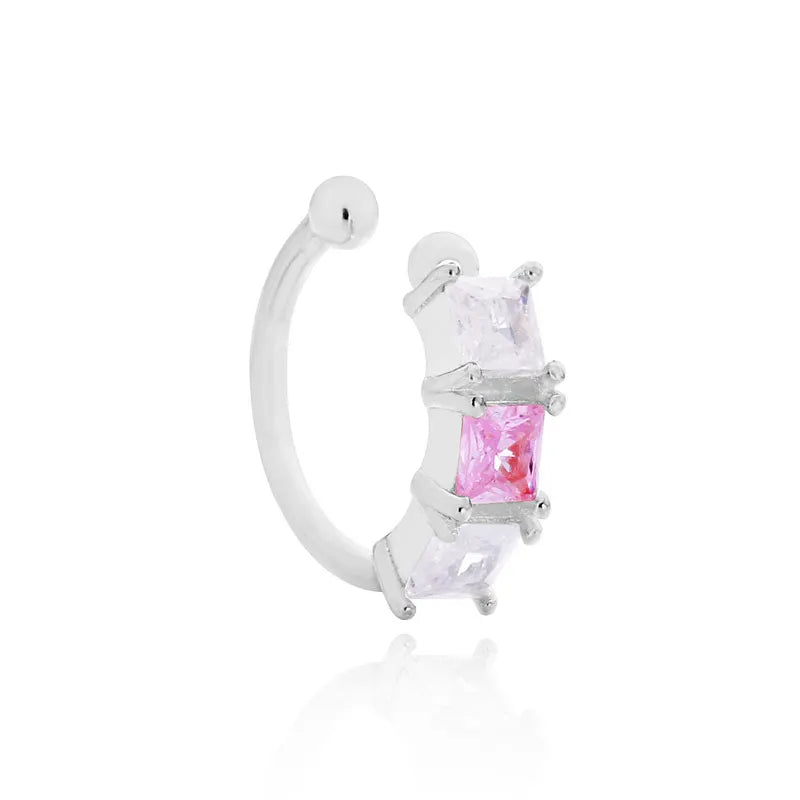 Silver 925 Women Ear Cuff Pink & Crystal Earrings